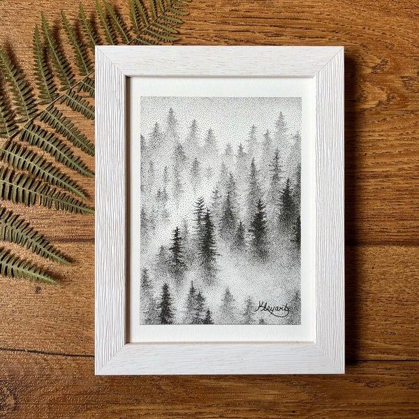 Ode à la nature • Impression d’art, 13x18cm, illustration forêt, fait main en pointillisme, décoration murale pour chalet, style nordique