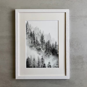 Tierras brumosas • Impresión, cartel de bosque con niebla, ilustración de puntillismo hecho a mano, blanco y negro, arte de pared de naturaleza