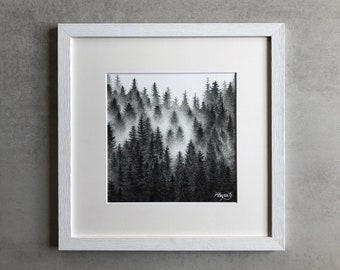 À la cime des arbres • Impression d’art, illustration de forêt, décoration nature, fait main en pointillisme, paysage d’arbres noir et blanc