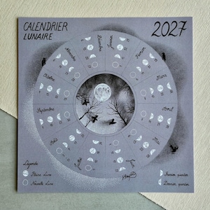 Calendrier lunaire 2027 • Affiche des phases de lune, illustration du cycle lunaire, fait main à l’encre, décoration murale thème nature