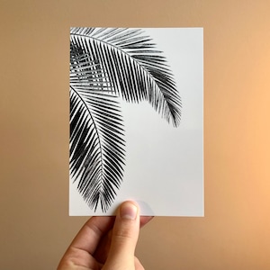 Les Palmiers • Carte postale illustrée feuilles A6, illustration botanique tropicale, art de la plage, fait main en pointillisme, monochrome