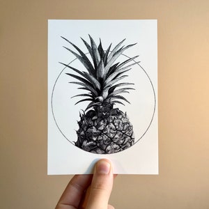Pineapple • Illustrated postcard, A6, exotic fruit illustration, tropical art card, handmade in pointillism, black and white