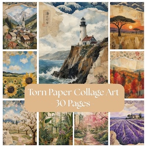 Könnte beinhalten: Eine Sammlung von 30 Seiten aus gerissenem Papier-Collage-Kunstwerk mit verschiedenen Landschaften, darunter ein Bergdorf, ein Küstenleuchtturm, ein Savannen-Sonnenuntergang, Sonnenblumenfelder, Herbstwälder, Kirschblüten, Gewächshäuser und Lavendelfelder.