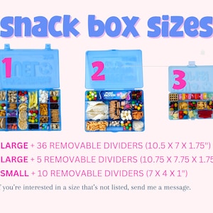 May include: Three open blue snack boxes are displayed, filled with snacks. The text "SNACK BOX SIZES" is at the top. Box 1 is labeled "1" and measures 26.7 x 17.8 x 4.4 cm. Box 2 is labeled "2" and measures 27.3 x 19.7 x 4.4 cm. Box 3 is labeled "3" and measures 17.8 x 10.2 x 2.5 cm.