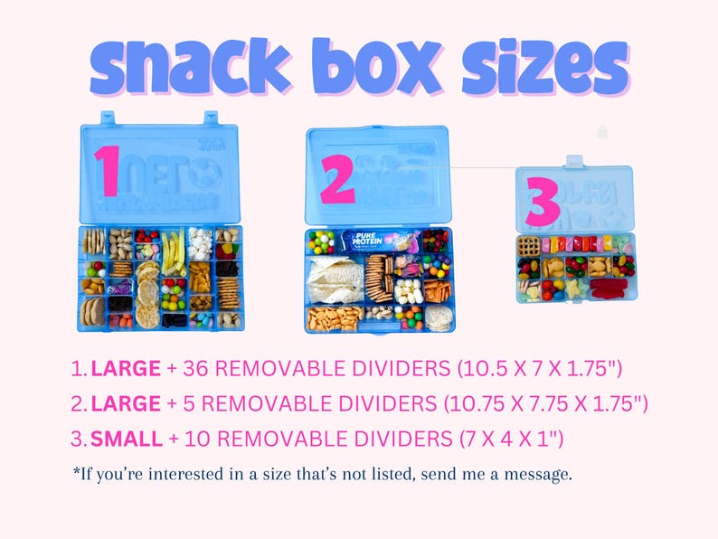 May include: Three open blue snack boxes are displayed, filled with snacks. The text "SNACK BOX SIZES" is at the top. Box 1 is labeled "1" and measures 26.7 x 17.8 x 4.4 cm. Box 2 is labeled "2" and measures 27.3 x 19.7 x 4.4 cm. Box 3 is labeled "3" and measures 17.8 x 10.2 x 2.5 cm.