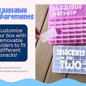 May include: Pink and clear plastic storage boxes with adjustable compartments. The boxes have removable dividers and text that reads "snacking for TWO" and "because in wax". The boxes are designed to fit different snacks.
