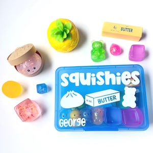 May include: A blue plastic storage box labeled Squishies and George containing various small toys, including a yellow pineapple, a 4 oz. butter stick, a green gummy bear, and several translucent cubes and shapes scattered around the container.