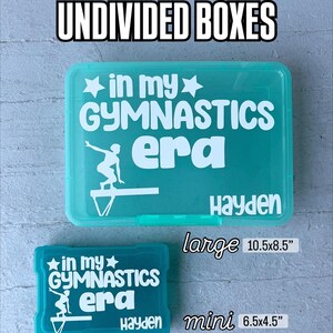 May include: Two teal plastic storage boxes, one large and one mini, with white text that reads "UNDIVIDED BOXES" and "in my GYMNASTICS era." The large box measures 26.7x21.6 cm, and the mini box measures 16.5x11.4 cm. Both boxes have the name "Hayden" on them.
