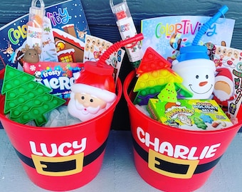 Kids Christmas Bucket, Personalized Activity, Easy Fun St. Nicks Day Gift, Stocking Stuffer, Christmas Eve Basket, Santa Belt Buckle Filled