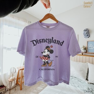 Op de afbeelding: Een lichtpaars t-shirt met korte mouwen en een afbeelding van Minnie Mouse in een rok met rode stippen en gele schoenen. De tekst luidt Disneyland, Est 1955 en CALIFORNIA. Het shirt heeft een ronde hals en hangt aan een houten kledinghanger.