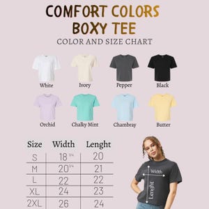 Op de afbeelding: Een Comfort Colors boxy t-shirt kleur- en maattabel met acht t-shirtkleuren: wit, ivoor, peper, zwart, orchidee, krijtmunt, chambray en boter. Een tabel toont de maten S tot 2XL met breedte- en lengtematen in inches.