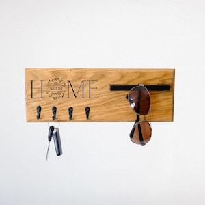 Oak Wood Entryway Key Holder with Glasses Shelf: Wall Mounted Key Organizer