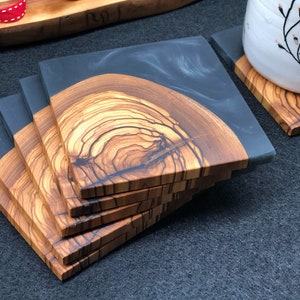 Olive Wood and Resin Coaster Set, Green Resin Coasters, Dark Grey, Purple, Blue; White and Orange Coasters, Unique Wood Textures