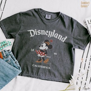 Op de afbeelding: Een antracietgrijs T-shirt met korte mouwen en de witte tekst Disneyland, Est 1955, en CALIFORNIA. Een afbeelding van Minnie Mouse met een rok met stippen en een hoed met een bloem staat in het midden op de voorkant. Het T-shirt heeft een ronde hals.