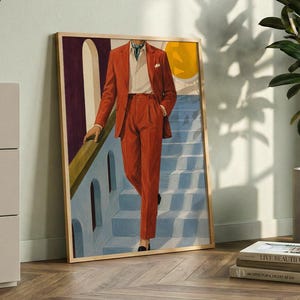 Maskuline Wandkunst, MCM-Herrenmode-Print, Modeposter mit rotem Anzug, Mid-Century-Modern-Dekor, Kunst zur Männermode, farbenfroher Bürodruck