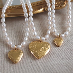 18K Gold Heart Locket Necklace | Big Small Medium Heart Locket | Freshwater Pearl Photo Locket Necklace | WATERPROOF | Personalized Gift