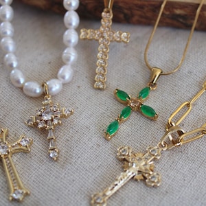 Gold Cross Necklace | Dainty Cross Necklace | Crystal Heart Cross Necklace | Rosary Cross Necklace | Jade Cross Necklace | Gift For Her, Mom