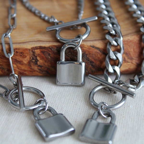 Silver Lock Toggle Clasp Necklace . STAINLESS STEEL . Waterproof . Silver Padlock Toggle Choker . Silver Layering Necklace . Gift For Her