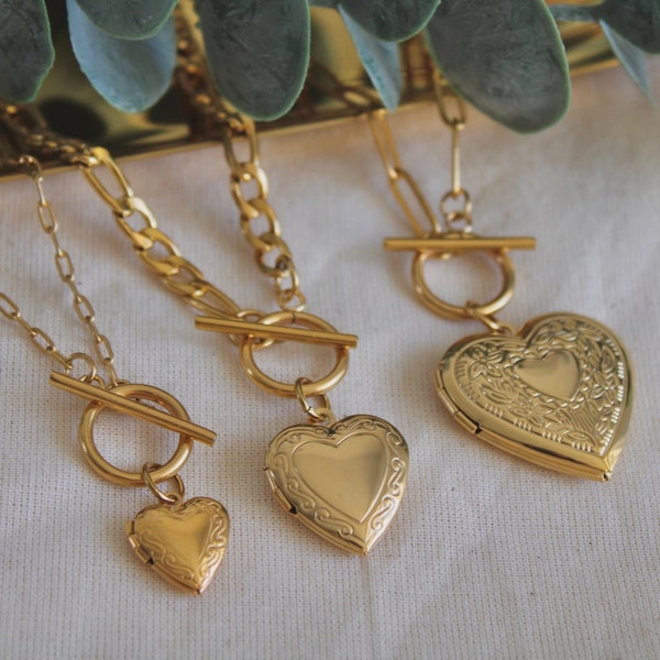 18K Gold FILLED Heart Locket Toggle Necklace . Gold Heart Locket Choker . WATERPROOF . Heart Photo Locket Necklace . Birthday Gift For Her