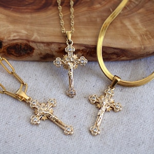 Gold Rosary Cross Necklace | Dainty Cross Necklace | Crystal Cross Necklace | Heart Cross Necklace | Jade Cross Necklace | Gift For Her