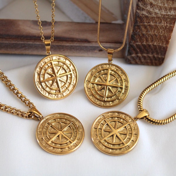 18K Gold FILLED Compass North Star Necklace, Men's Compass Necklace, Gold Anchor Pendant, WATERPROOF, North Star Mens Necklace, Mens Jewelry