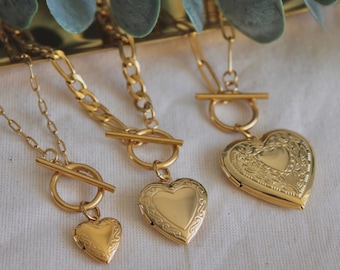 18K Gold FILLED Heart Locket Toggle Necklace . Gold Heart Locket Choker . WATERPROOF . Heart Photo Locket Necklace . Birthday Gift For Her