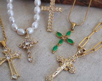 Gold Cross Necklace | Dainty Cross Necklace | Crystal Heart Cross Necklace | Rosary Cross Necklace | Jade Cross Necklace | Gift For Her, Mom