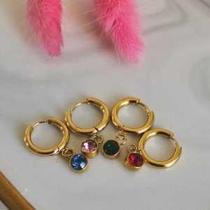 18K Gold Birthstone Earrings | WATERPROOF |  Colorful Zircon Hoop Earrings | Anti Tarnish Jewelry | Personalized Gift For Her, Mom