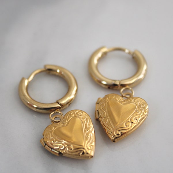 Heart Locket Hoop Earrings . Gold/Silver Vintage Style Locket Heart Hoops . Heart Locket Hoops . Anti Tarnish . Personalized Gift For Her