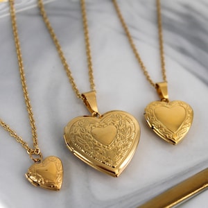 Gold Heart Locket Necklace | Big Small Medium Heart Locket | Vintage Photo Locket Necklace | Stainless Steel | Personalized Gift For Her