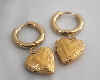Heart Locket Hoop Earrings . Gold/Silver Vintage Style Locket Heart Hoops . Heart Locket Hoops . Anti Tarnish . Personalized Gift For Her