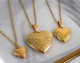 Collier médaillon coeur doré | Grand petit médaillon coeur moyen | Collier médaillon photo vintage | Acier inoxydable | Cadeau personnalisé pour elle