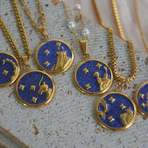 Gold Zodiac Horoscope Necklace, Shiny Blue Zodiac Necklace, Astrology Jewelry, Zodiac Pendant Necklace, Stainless Steel, Personalized Gift