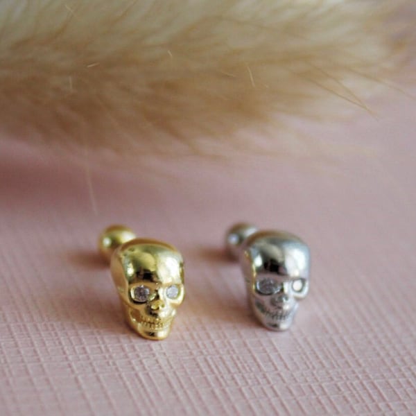 Minimalist Skull Screw Back Studs . Skeleton Labret Stud Earrings . Gold Sterling Silver Studs . Cartilage Conch Tragus Studs . Gift For Her