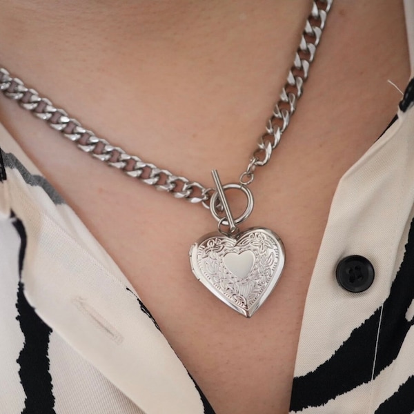 Heart Locket Toggle Necklace . Silver Heart Locket Necklace . Silver Toggle Necklace . Photo Heart Locket . Stainless Steel . Gift For Her