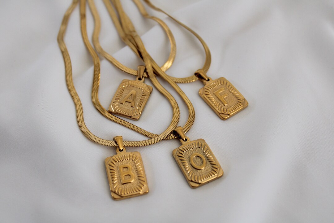 18K Gold Initial Herringbone Necklace, Personalized Letter Necklace