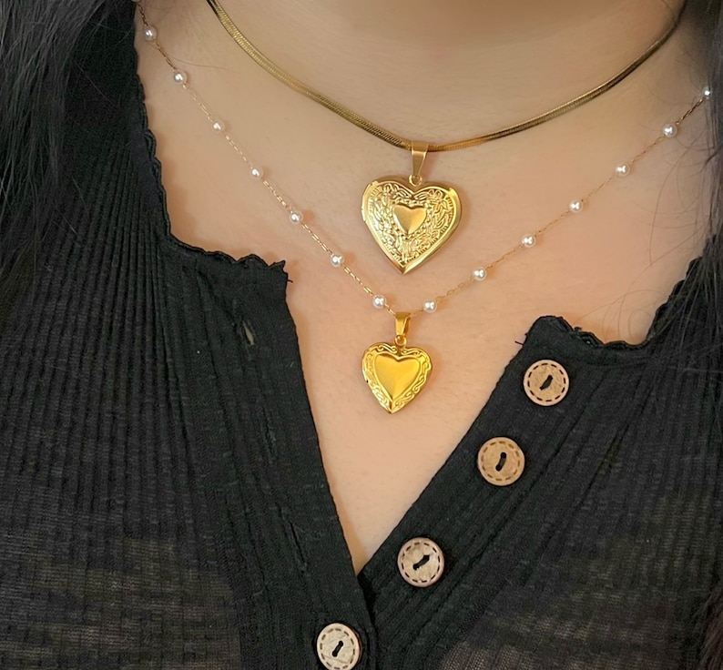 Gold Heart Locket Necklace Big Small Medium Heart Locket Vintage Photo Locket Necklace Stainless Steel Personalized Gift For Her image 3