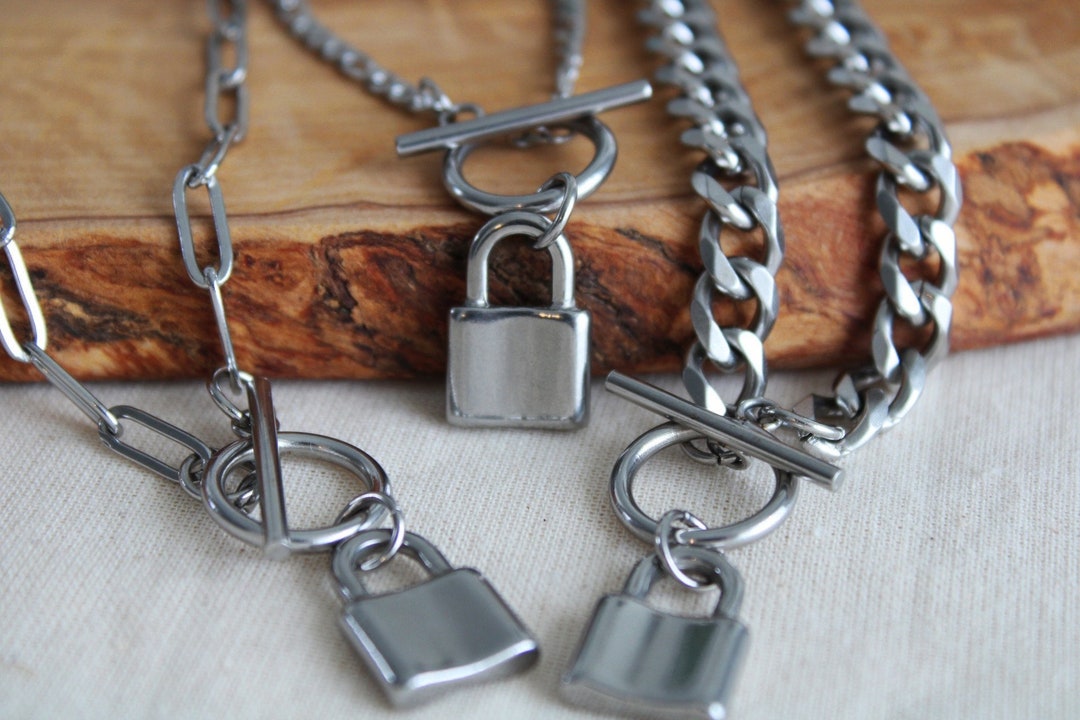 Silver Lock Toggle Clasp Necklace . STAINLESS STEEL . Waterproof