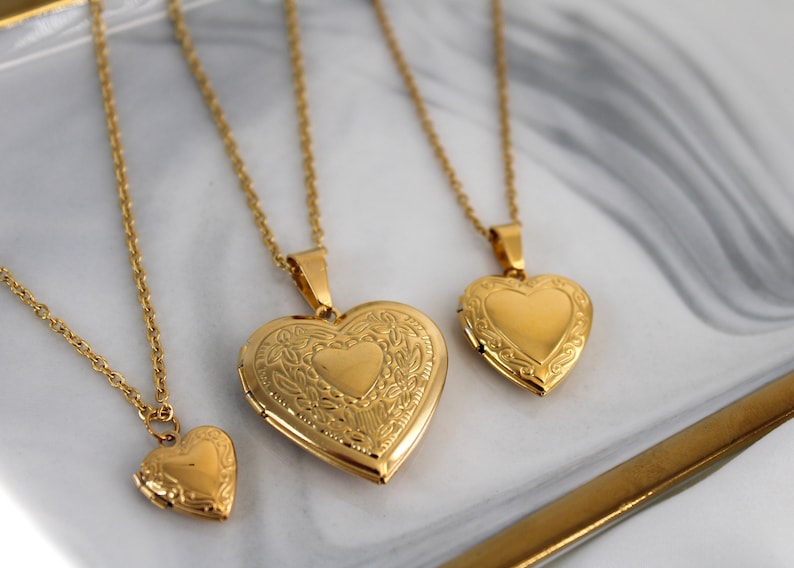 Gold Heart Locket Necklace Big Small Medium Heart Locket Vintage Photo Locket Necklace Stainless Steel Personalized Gift For Her image 1