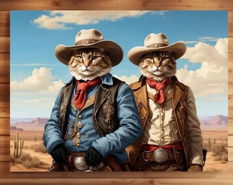 May include: A canvas print featuring two cats dressed as cowboys in a desert landscape. The cats wear cowboy hats, vests, and red neckerchiefs. The background shows a blue sky with clouds, cacti, and a desert scene.