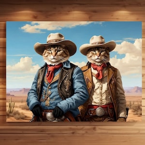 Custom 2 pets portrait, cowboy pet portrait, Cowboy cat painting costume, dog cowboy portrait, Pet loss gift, Cowboy art, western decor