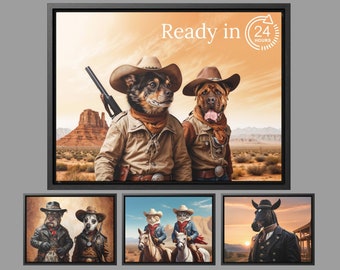 May include: A digital painting of four dogs dressed in cowboy outfits. The first image shows two dogs in a desert landscape. The second image shows two dogs in a cowboy hat and waistcoat. The third image shows a dog in a cowboy hat and waistcoat. The fourth image shows a dog in a cowboy hat and waistcoat.