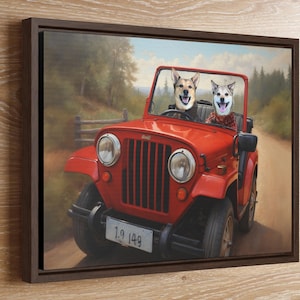Aangepast huisdierportret, grappig hondencadeau, hond rijdende auto, familie- en huisdierkunst, koninklijk hondenportret, portret van mens en huisdier, beste cadeau rommate