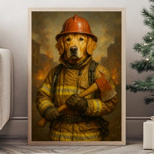 May include: A framed print shows a Golden Retriever dressed as a firefighter, wearing a helmet and holding an axe. The background features a burning building, with a warm, autumnal colour scheme.