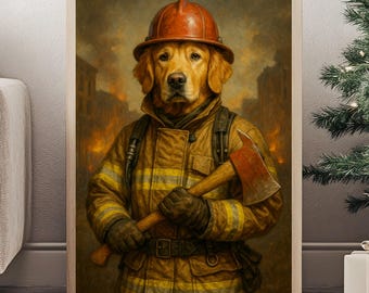 May include: A framed print shows a Golden Retriever dressed as a firefighter, wearing a helmet and holding an axe. The background features a burning building, with a warm, autumnal colour scheme.