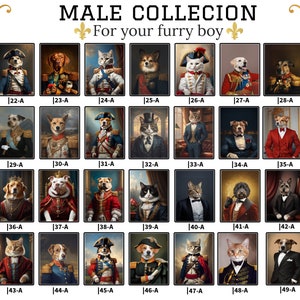 May include: A collage of 49 images featuring various animals dressed in historical attire. Each image is framed with a gold border and labeled with a number and letter. The title "MALE COLLECTION" and "For your furry boy" are displayed at the top of the collage.