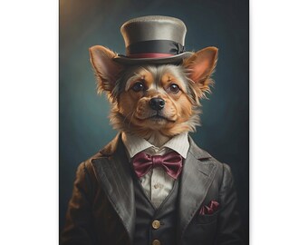May include: A brown and white dog wearing a gray top hat, a white shirt, a burgundy bow tie, and a gray suit jacket. The dog is looking directly at the camera.
