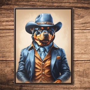Cowboy pet  portrait, Pet Portrait, funny custom portrait, Cowboy dog portrait, human and pet portrait, Gifts for him, Rottweiler portrait