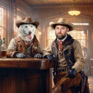 Cowboy Pet Portrait, Human and pet At the Bar portrait, Birthday Gift Idea, Funny Dog Portrait, Gift For Him, Dog Portrait, Gift for husband