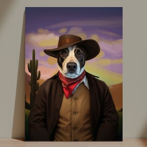 Custom cowboy Pet Portrait, Dog with Cowboy costume, Personalized portraits for dogs and cats, petlover gift, custom western pet portrait